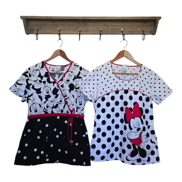 2 DISNEY Mickey & Minnie Scrub Tops sz S - Picture 1 of 6
